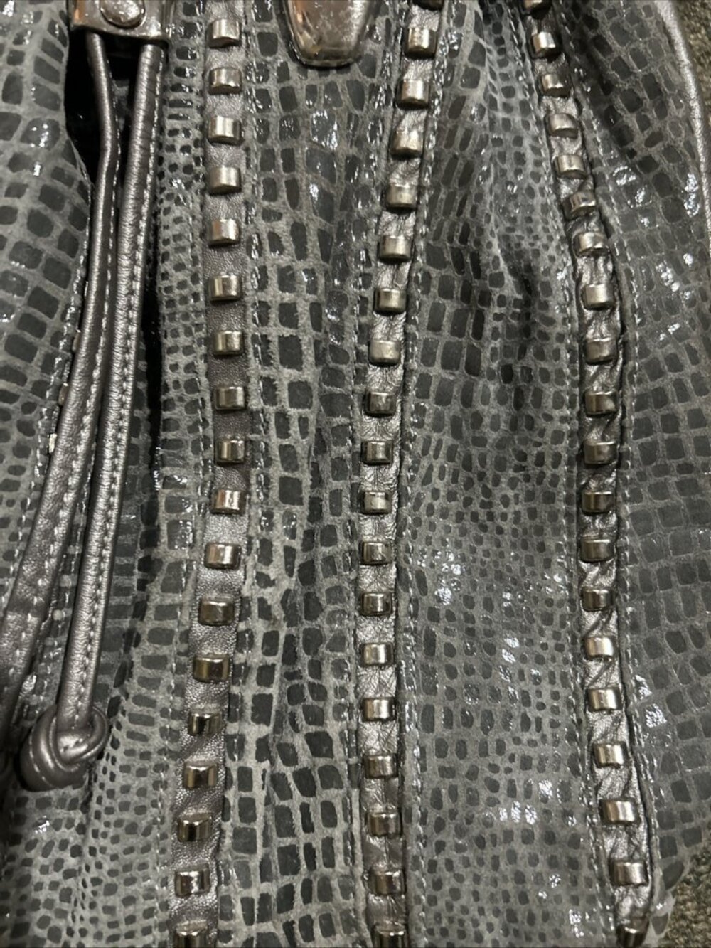 Silver Pewter Studded Leather Shoulder Bag Reptile Animal Print USA Mina - Picture 4 of 12